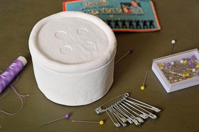 White Button Pincushions Purple Thread