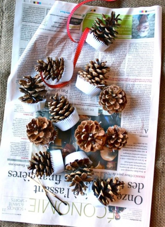 Pinecones Red Ribbon Newsprint