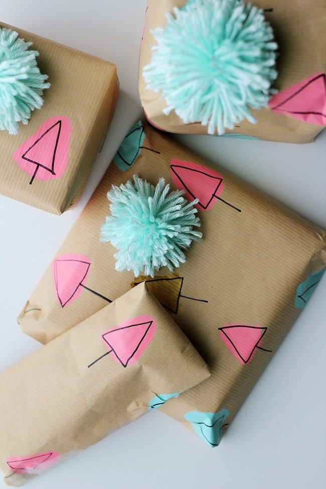 Hand-Drawn Trees Pink Blue Pom-Poms