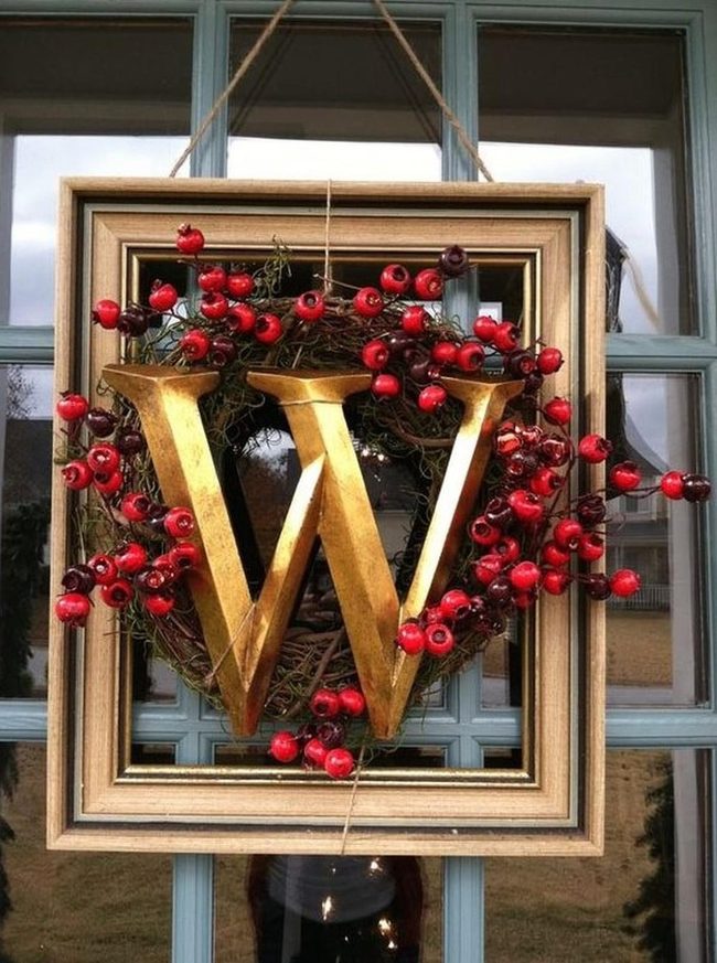 Red Berries Gold Initial Wreath