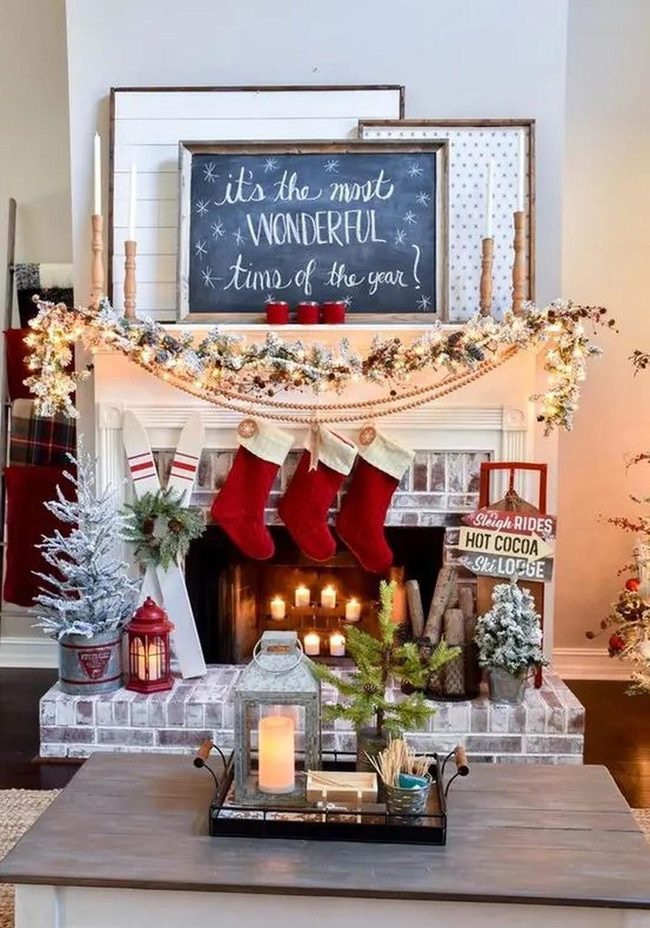 Red Stockings, Green Garland Fireplace