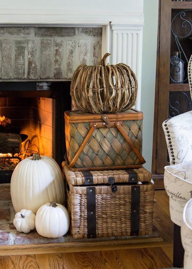 Brick Fireplace With Autumn Pumpkins