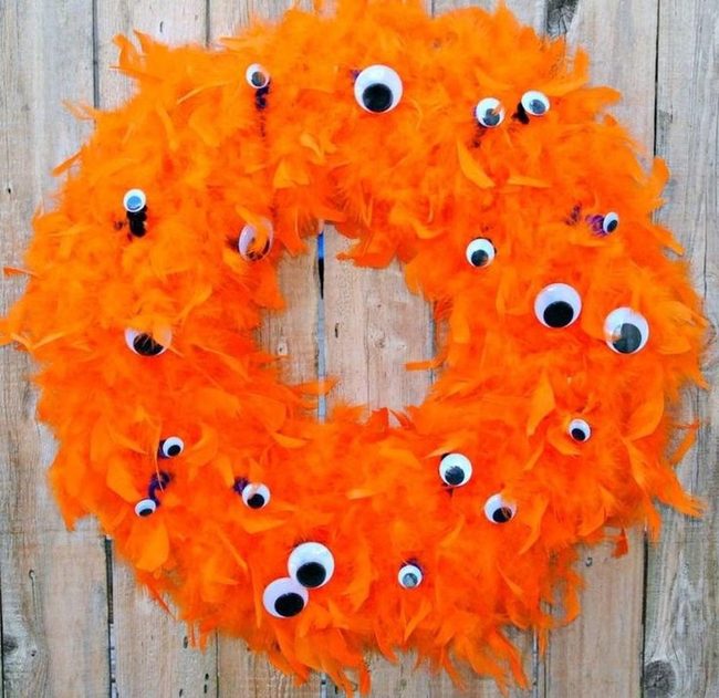 Orange Feather Wreath With Googly Eyes