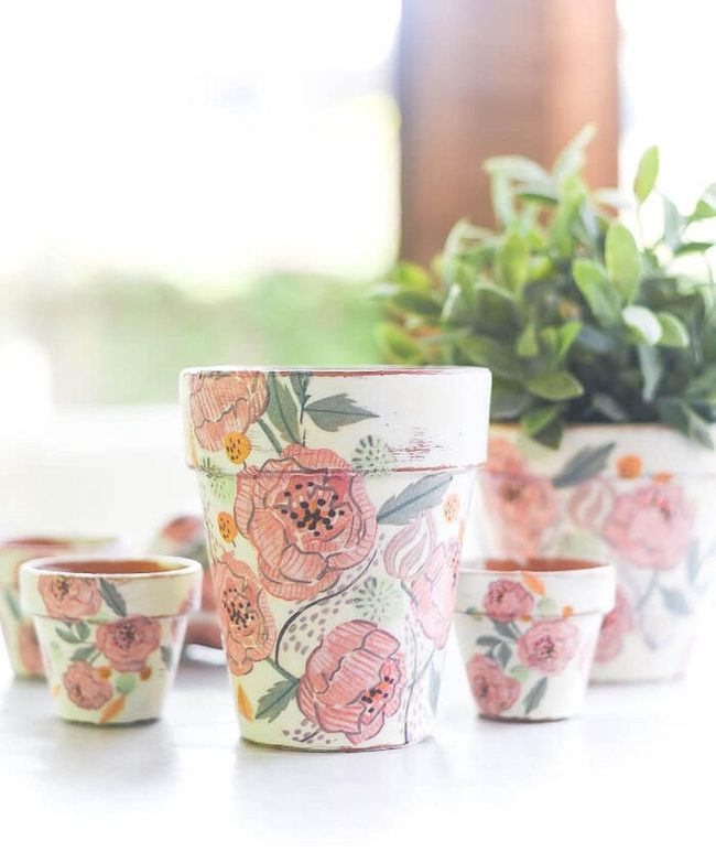 Hand-Painted Terracotta Floral Pots
