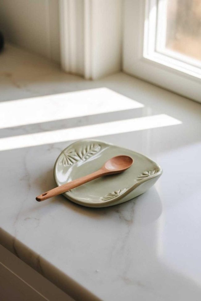 Sage Green Clay Dish With Leaf Imprints