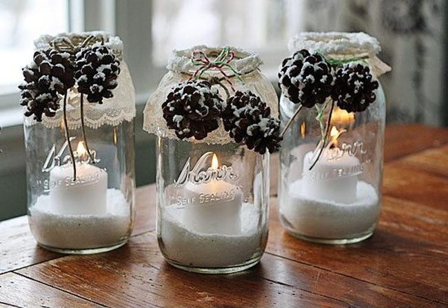Snowy Glass Jars With Candlelight