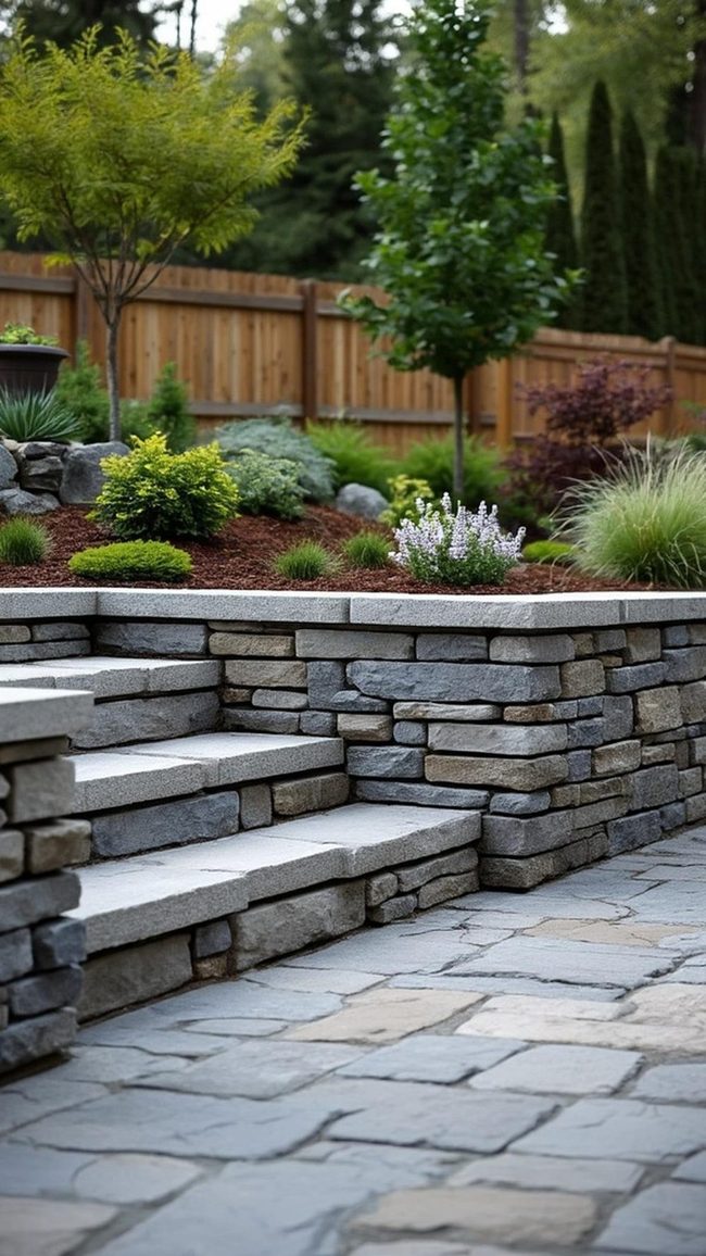 Stacked Stone Walls Define Patios