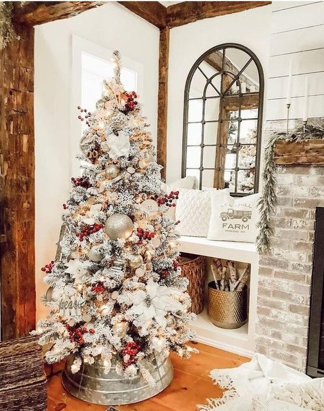 Flocked Christmas Trees With Exposed Wood Beams