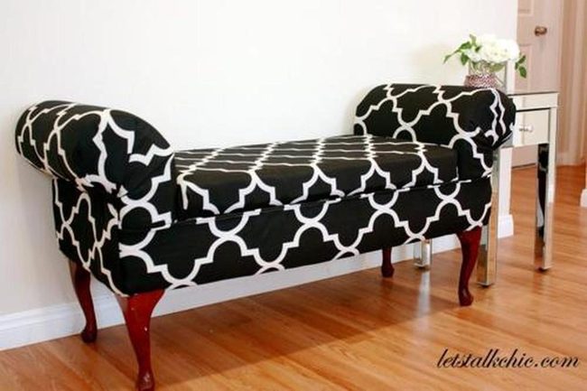 Black And White Patterned Bench With Wooden Warmth