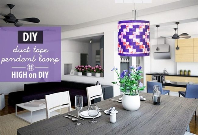 Purple Taped Lamp Over Wood Table