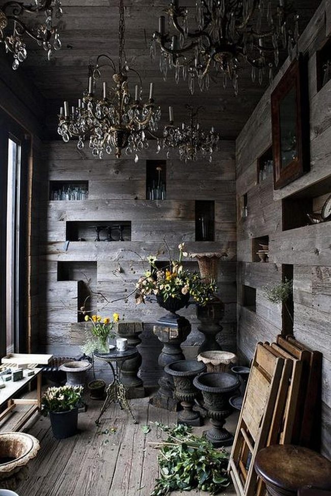 Weathered Wood Studio With Crystal Chandeliers