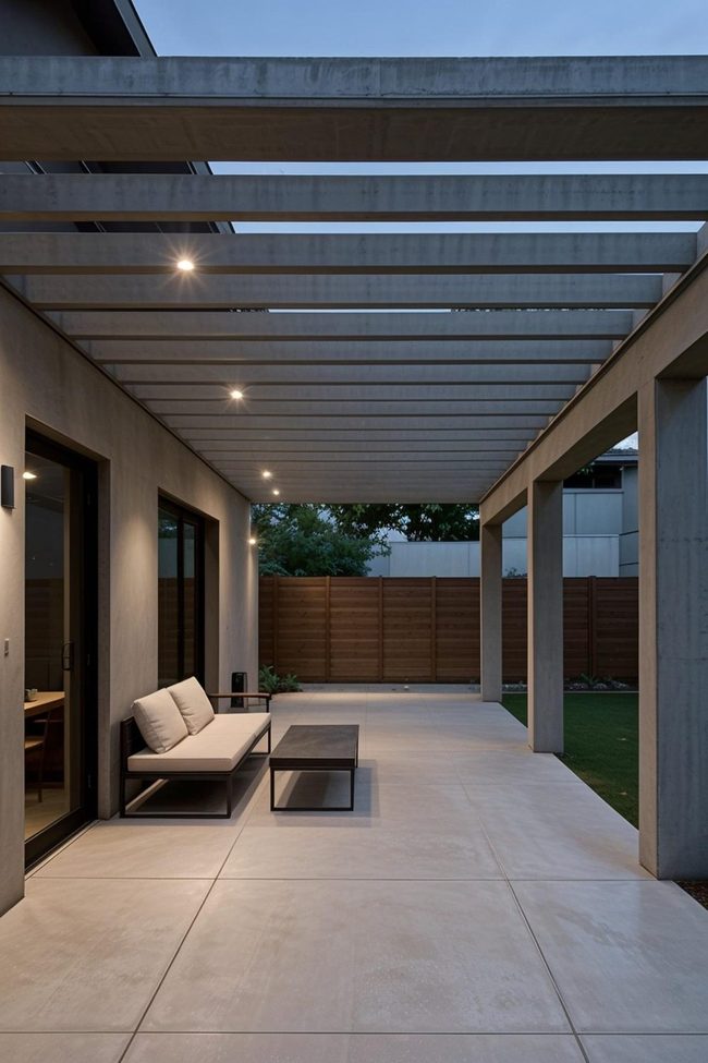 Floating Walnut Pergola Over Concrete