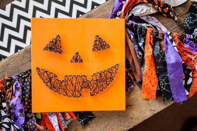 Orange Wood Jack-O-Lantern With Fabric Strips
