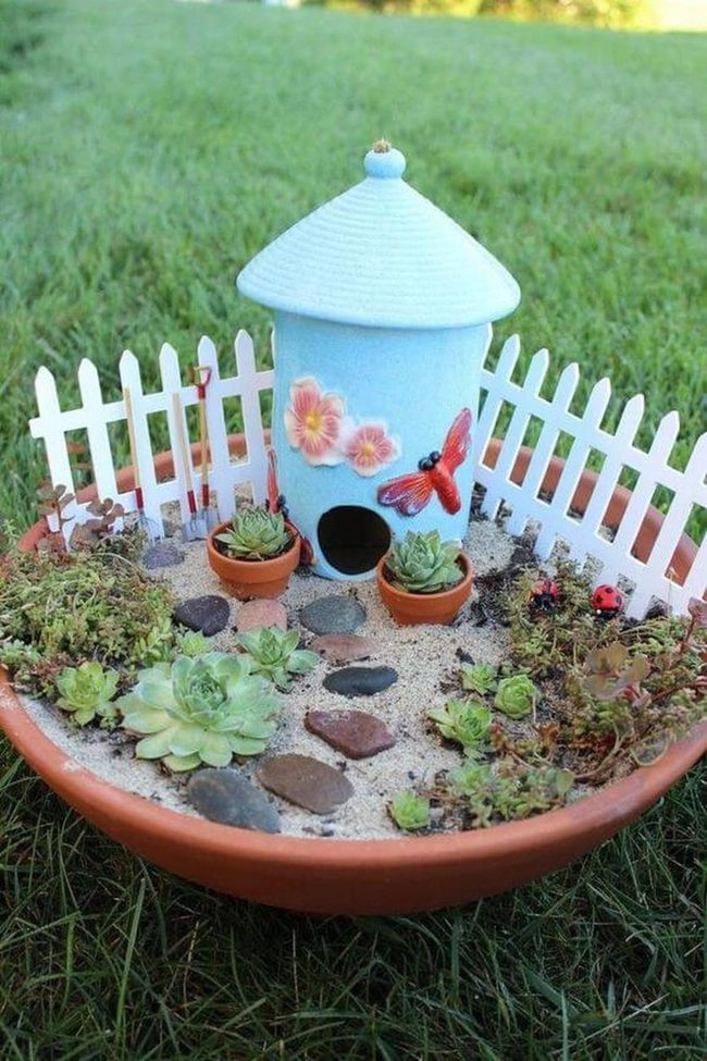 Miniature Garden With Glowing Birdhouse