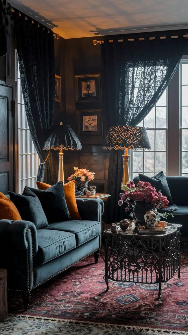 Burgundy Velvet Halloween Living Room