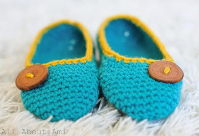 Teal Wool Slippers Yellow Trim