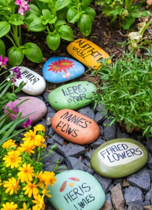 Hand-Painted Stone Plant Labels
