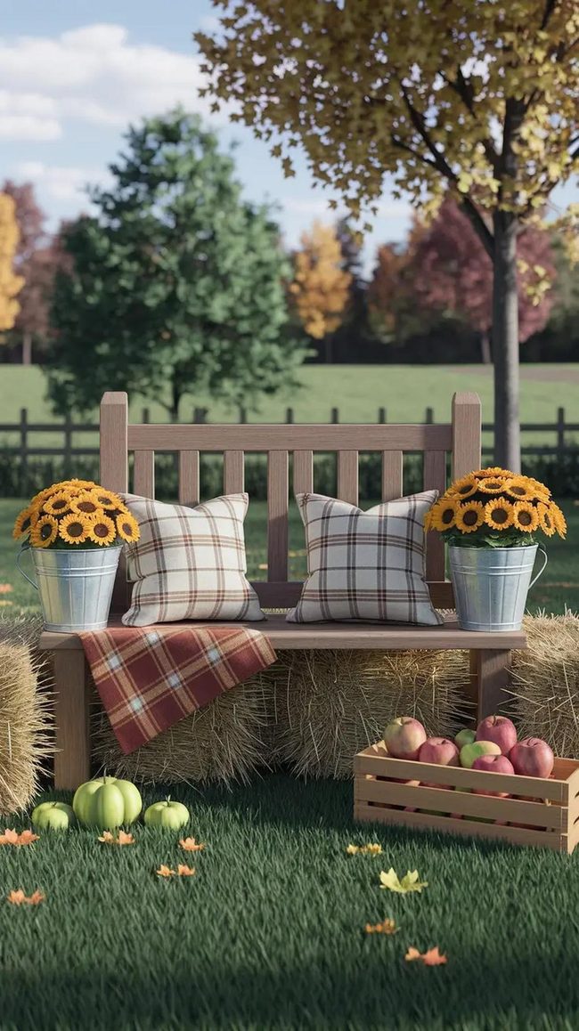 Wooden Bench Hayride Fall Setup