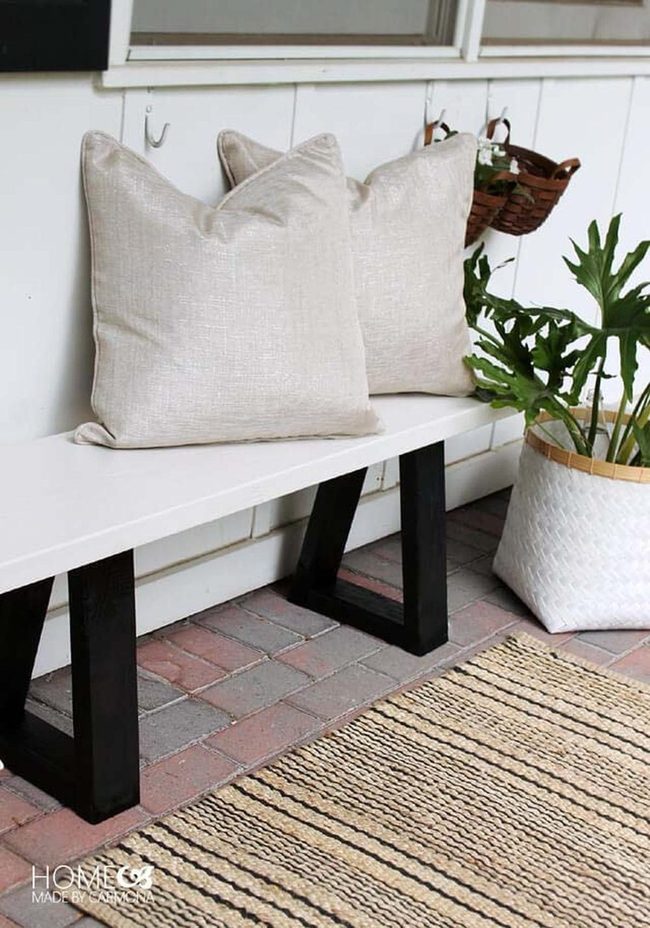 Angular Wood Bench With Industrial Supports