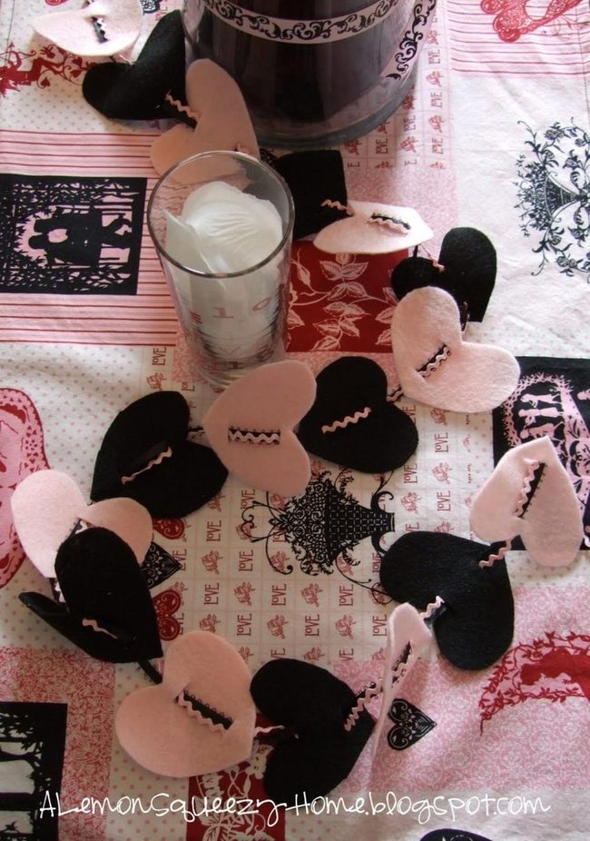 Black And Pink Felt Hearts With Stitches
