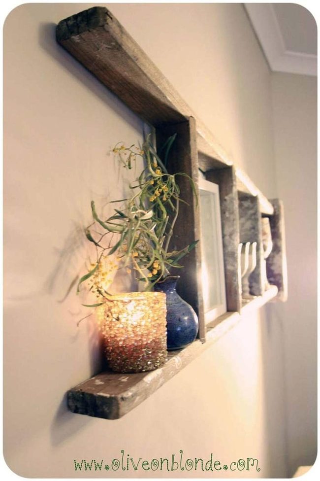 Wood Ladder Photo Shelf