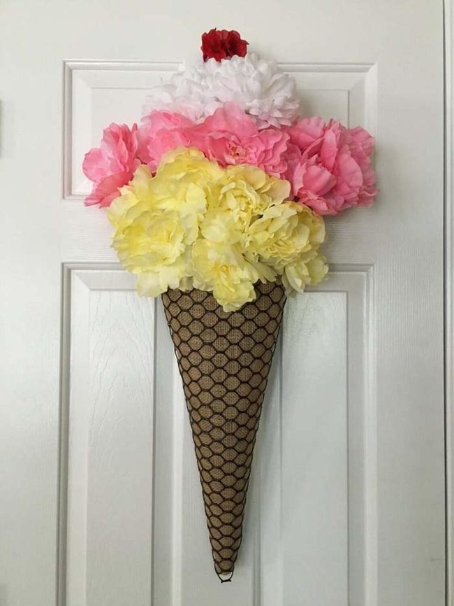 Faux Flower Ice Cream Cone Wreath
