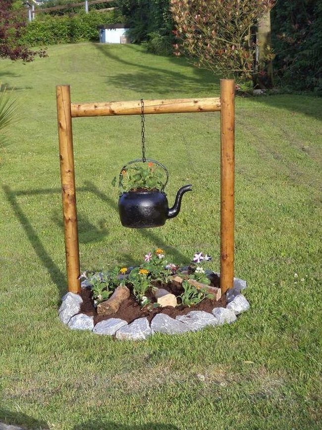 Vintage Kettles With Garden Blooms