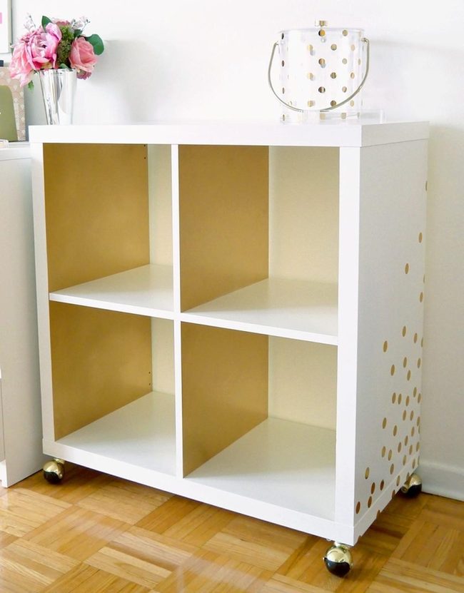 White Storage Unit Gold Polka Dots