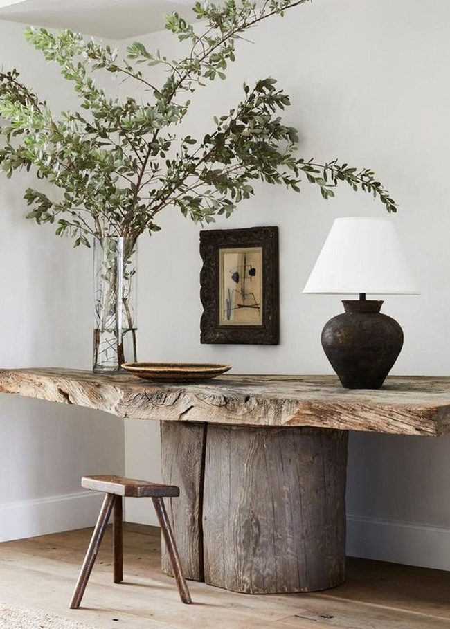 Thick Timber Table With Fresh Greenery