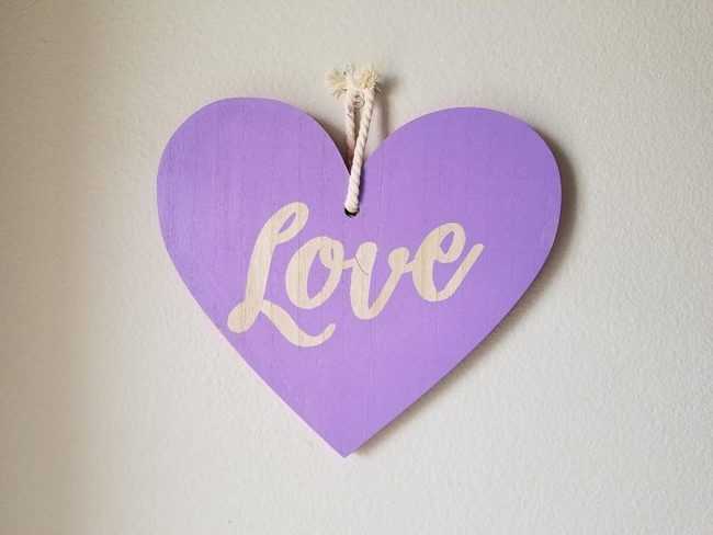 Purple Wood Hearts With Yellow Script