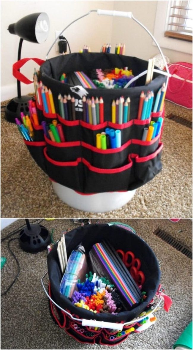 Fabric-Wrapped Bucket Art Supply Organizer