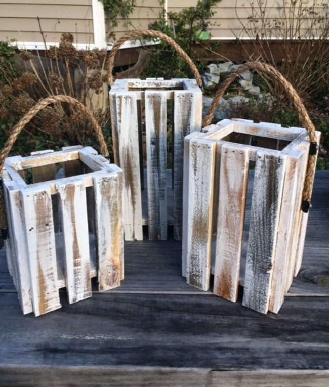 Aged Wood Rope Handle Lanterns