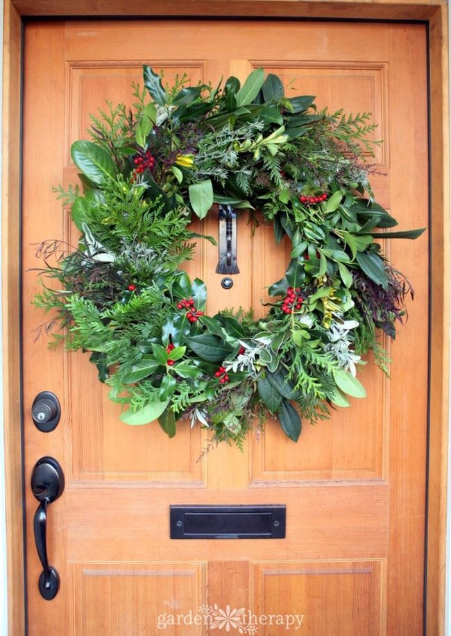 Green Wreaths Red Berries Wooden Door