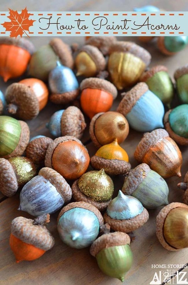 Bright Painted Acorns In Glass