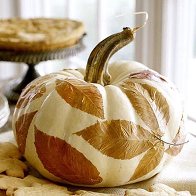 Ivory Pumpkins With Autumn Leaves