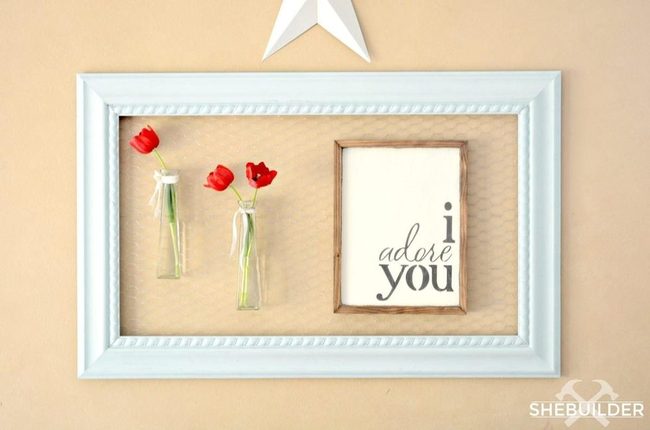 Red Flowers Glass Vases Wooden Frame