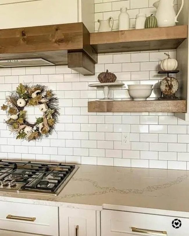 Floating Wood Shelves, White Tile
