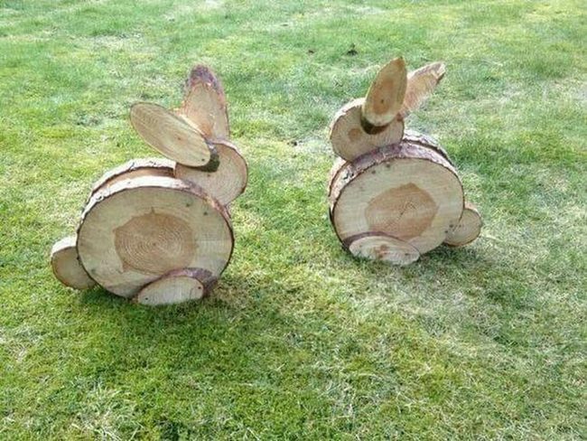 Log Carved Wooden Garden Bunnies
