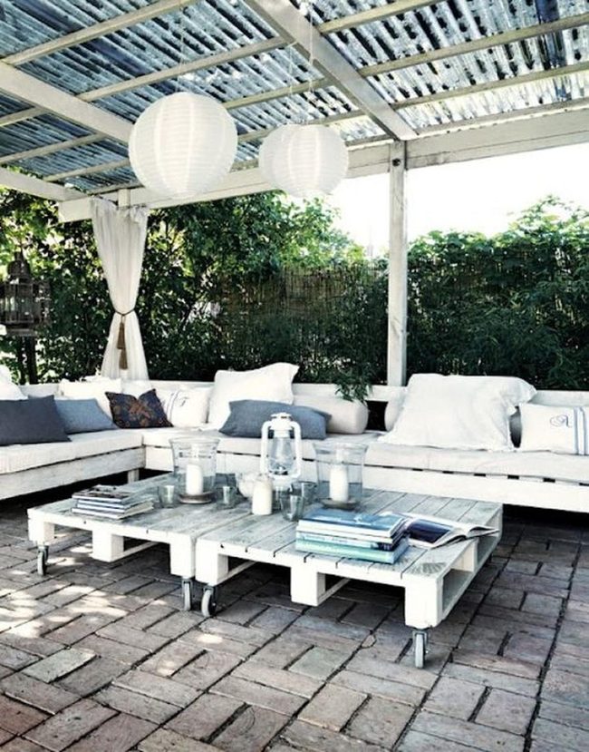 White Wood Bench With Blue Pillows