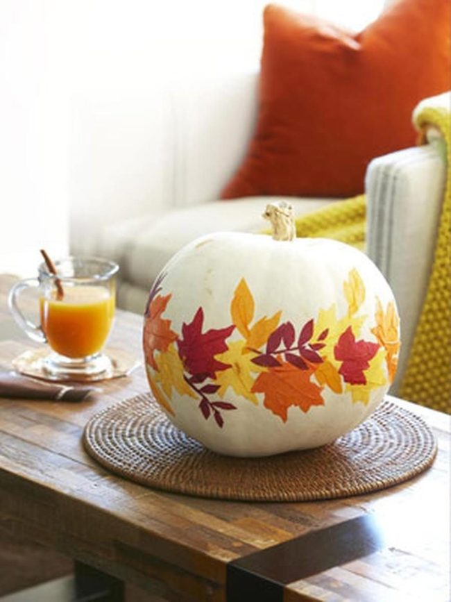 Painted Leaves On White Pumpkins