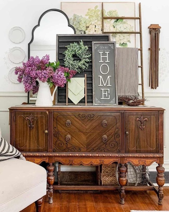 Purple Lilacs On Wooden Sideboard