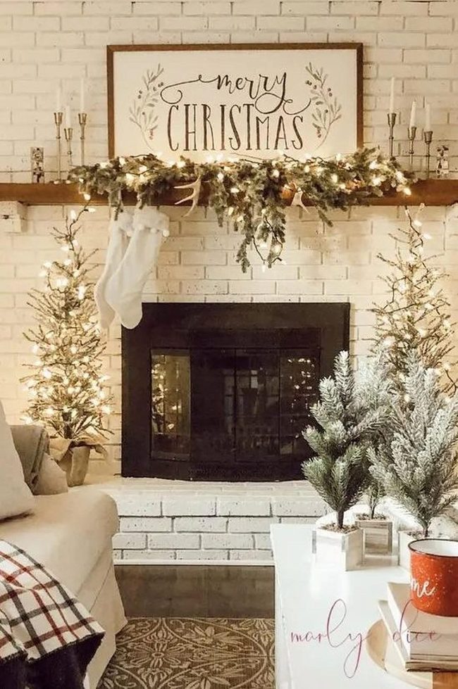 White Brick Fireplace Green Garland