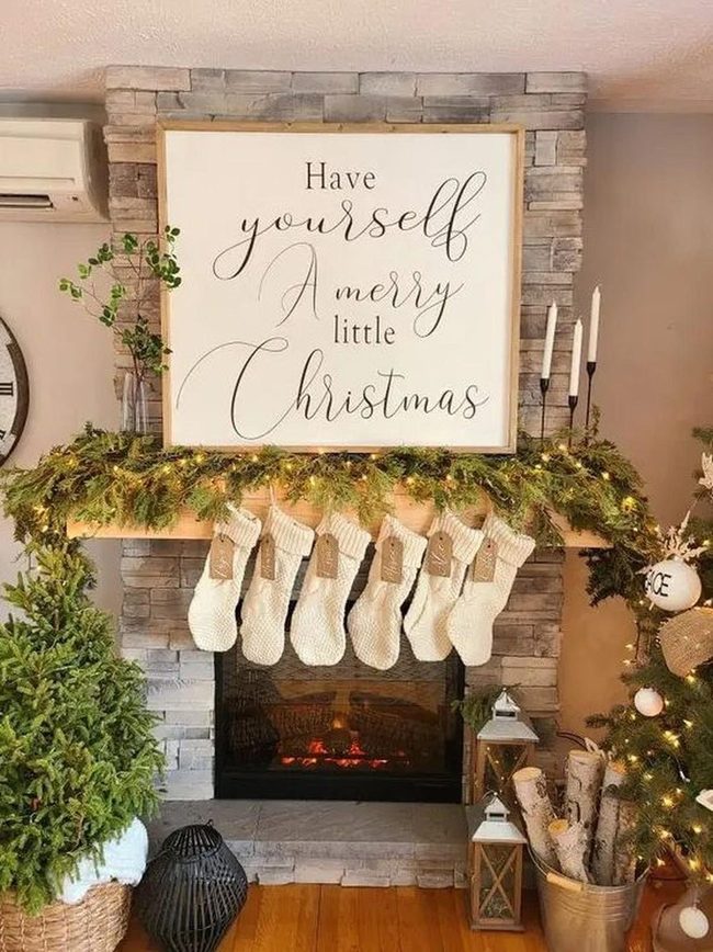 Stone Fireplace With Green Garland Lights