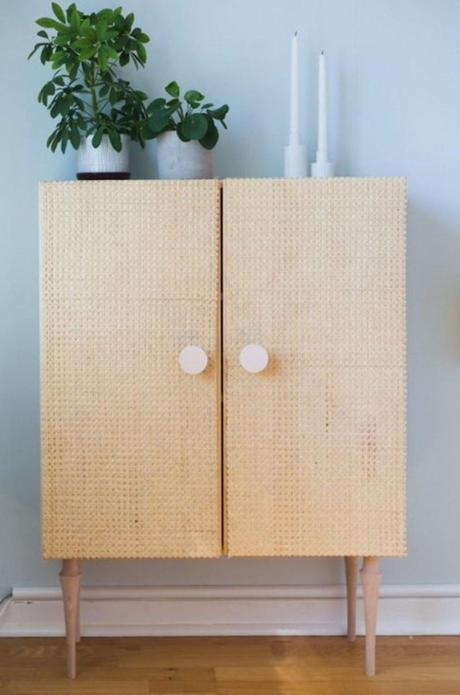 Woven Wood Cabinet In Soft Blue