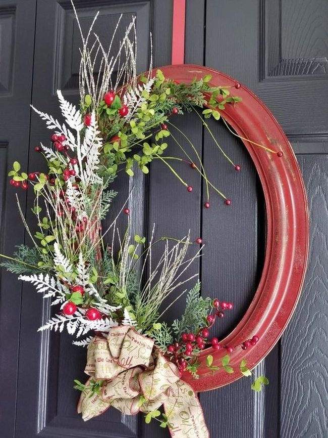 Red Frame Wreath With Green Foliage