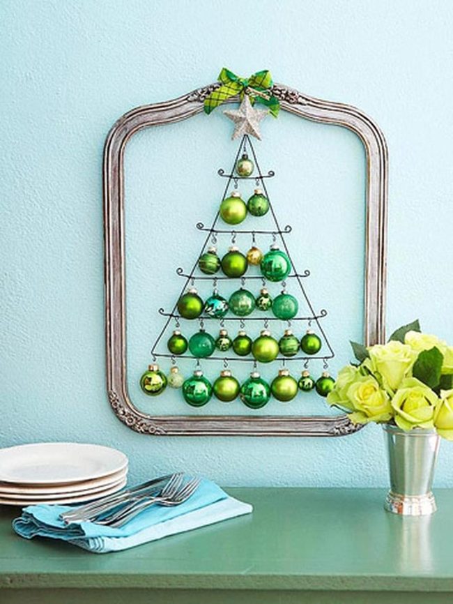 Silver Wire Christmas Tree With Green Ornaments