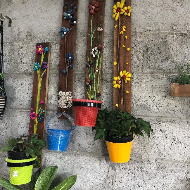 Potted Blooms Against Gray Stone