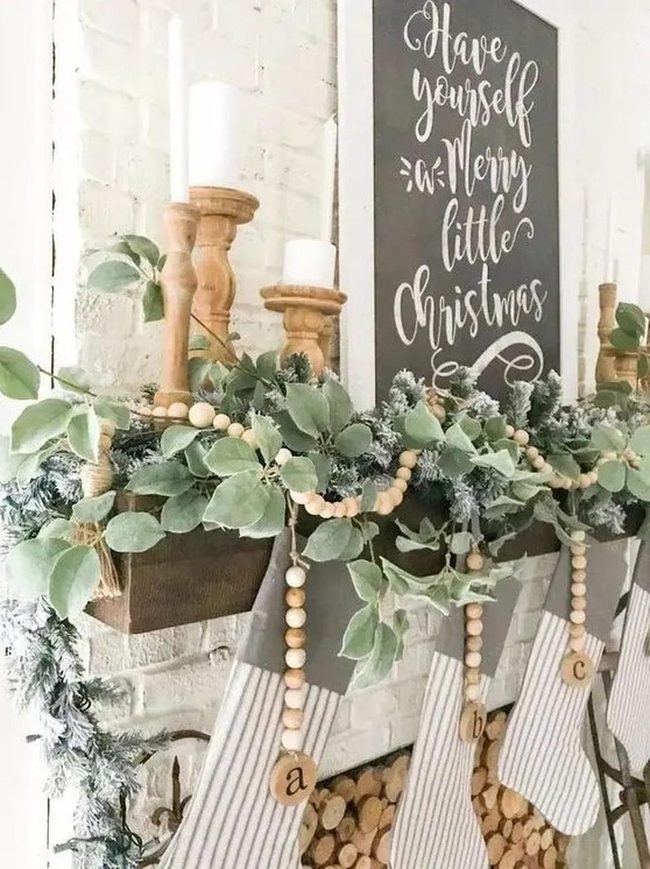 Green Garlands White Brick Fireplace