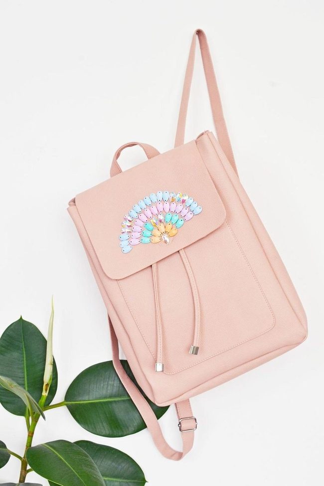 Pink Leather Backpack Beaded Fan Pattern
