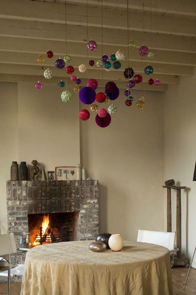 Brick Fireplace, Colorful Ornaments, Modern Chairs